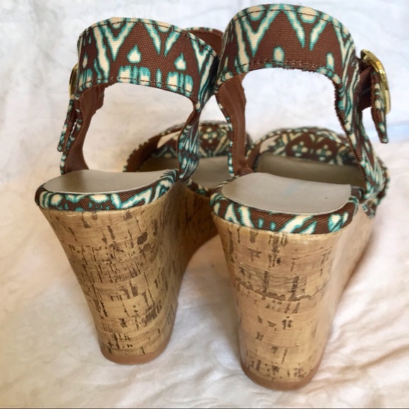 Brown teal fabric faux cork wedge heel sandals - Picture 2 of 8